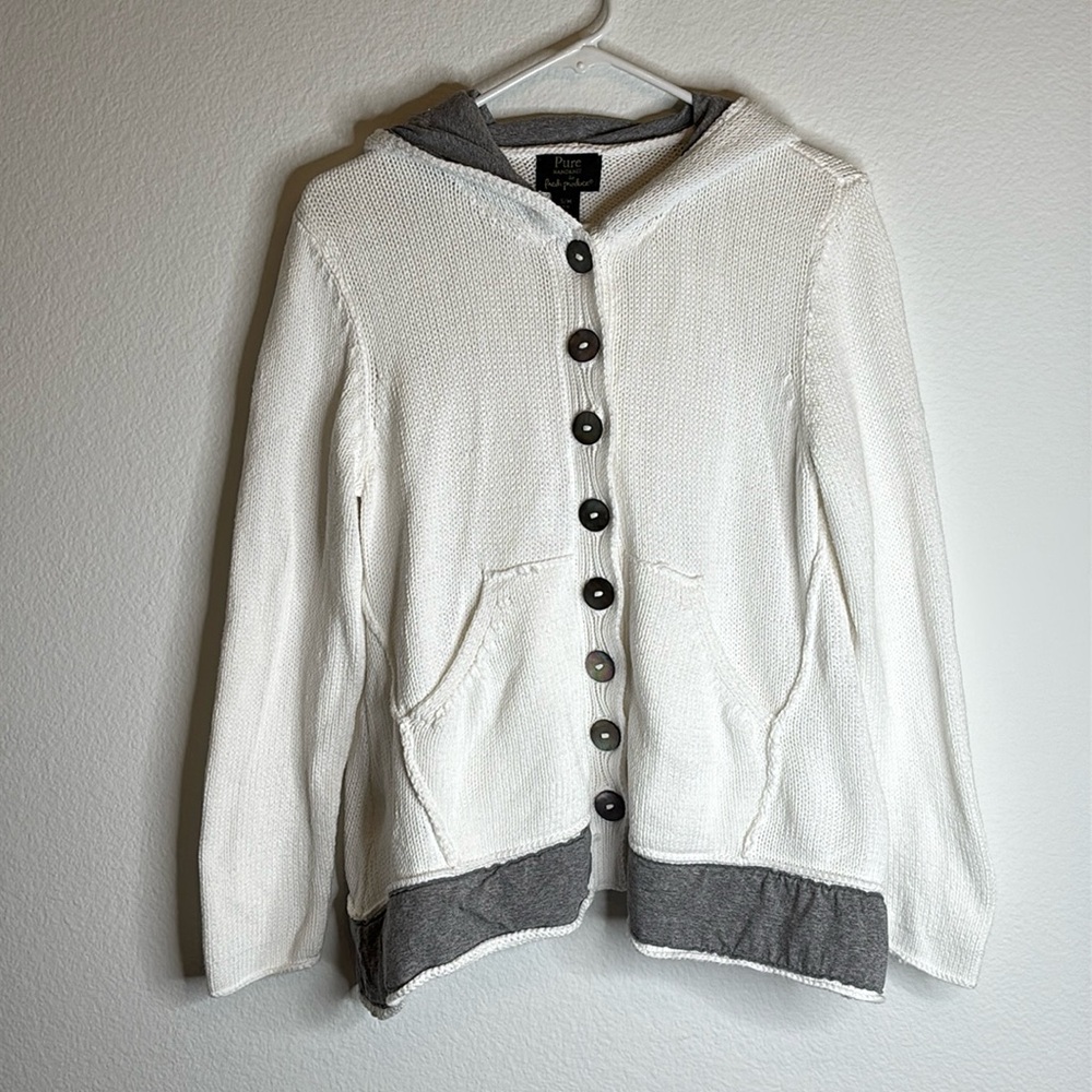 Fresh Produce PURE Handknit 100% cotton cardigan hood shell buttons SIZE S/M